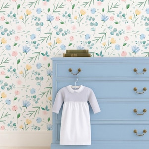 Wildflower nursery wallpaper Floral girls room wall mural, Simple neutral wallpaper for baby girl Peel and Stick or Traditional Wallpaper