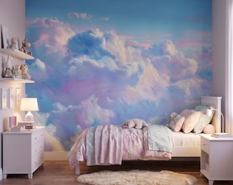 Blue Pink Sky Wallpaper Mural for Pastel Nursery Decor, Cloud Wallpaper Peel and Stick, Kids Bedroom Wallpaper, Clouds Sky Wall Mural