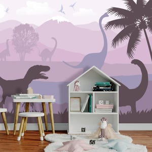Dinosaur Peel and Stick Wallpaper for Girl Bedroom Purple Wallpaper Mural Removable Giant Dinosaur Nursery Wall Decor Non-Woven Adhesive