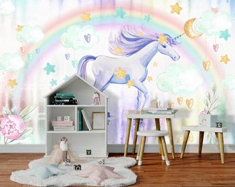 Unicorn Wallpaper Peel and Stick Girls Playroom Colorful Wallpaper Mural Watercolor Rainbow Wallpaper Bedroom Removable  Adhesive Non-Woven