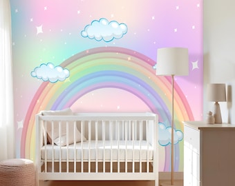 Rainbow Wallpaper Toddler Girl Nursery Removable Unicorn Themed Mural Adhesive Cloud Wallpaper Baby Room Peel & Stick Accent Wall
