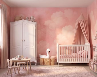 Pink Cloud  Wallpaper for Girls Room Decor, Girls Room Wallpaper Peel and Stick in Pink, Sky Clouds Bedroom Wallpaper, Blush Nursery Decor