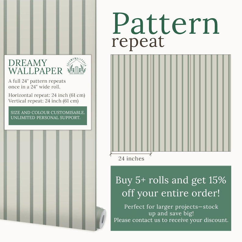 May include: A roll of Dreamy Wallpaper featuring a vertical stripe pattern in shades of green and off-white. The pattern repeats every 24 inches (61 cm) horizontally and vertically. The image includes text about the wallpaper's features and a special offer.