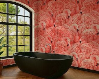 Flamingo Wallpaper Mural, Tropical Wallpaper for Bathroom, Coral Pink Coastal Wallpaper Peel and Stick and Traditional Wallpaper Funky