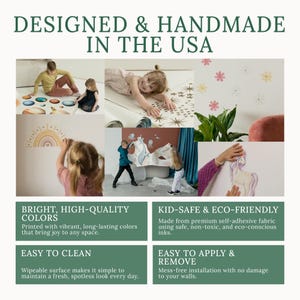 Peut inclure: Image promotionnelle avec des enfants et des autocollants muraux. Le texte indique "DESIGNED & HANDMADE IN THE USA." D'autres textes mettent en &eacute;vidence les caract&eacute;ristiques : "BRIGHT, HIGH-QUALITY COLORS," "KID-SAFE & ECO-FRIENDLY," "EASY TO CLEAN," et "EASY TO APPLY & REMOVE."