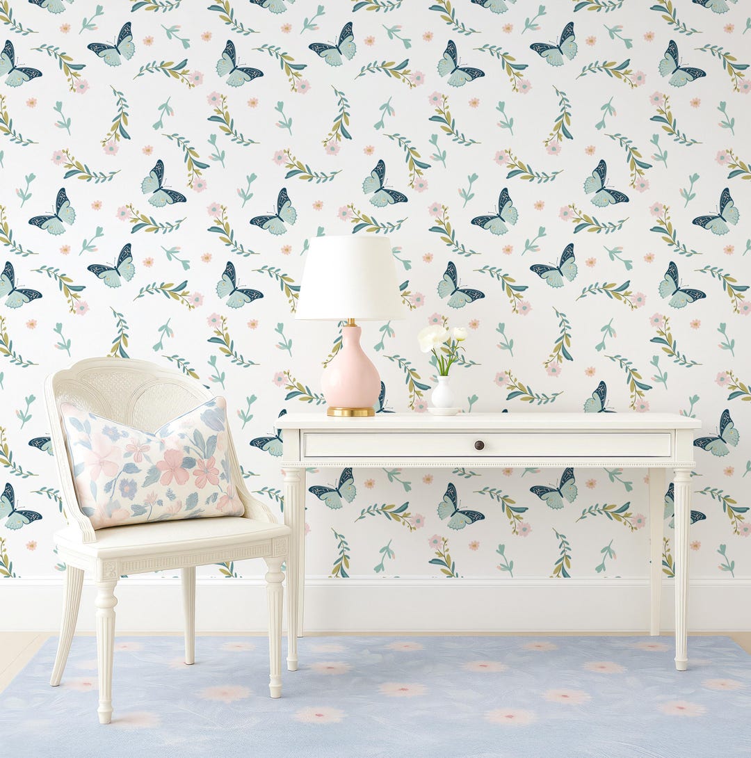 Butterfly Wallpaper Peel and Stick Blue Neutral Wallpaper for Girls ...