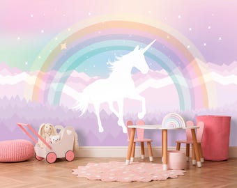 Rainbow Wallpaper Girl Nursery Removable, Unicorn Wall Mural Peel & Stick Pastel Wallpaper Adhesive, Mountains Wallpaper Bedroom Pink