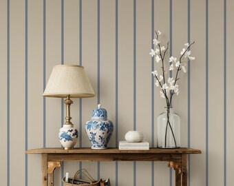 Classical Striped Wallpaper Beige and Blue for Bedroom or Living Room, Modern Wallpaper Peel & Stick and Traditional, Elegant Home Decor