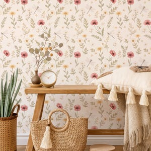 Boho Wildflower Wallpaper Baby Girl Nursery, Pastel Floral Wall Paper Peel and Stick Kids Room, Beige Flowers Pattern Bedroom Decor