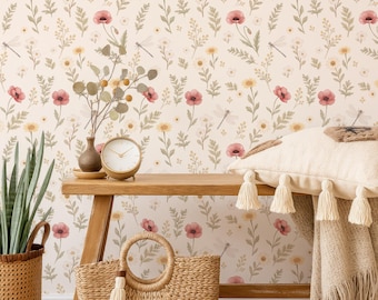 Boho Wildflower Wallpaper Baby Girl Nursery, Pastel Floral Wall Paper Peel and Stick Kids Room, Beige Flowers Pattern Bedroom Decor