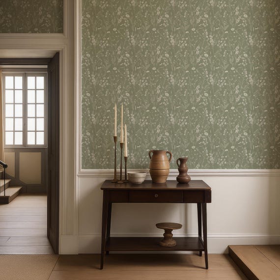Sage Green Wildflower Wallpaper, Scandinavian Wallpaper, Green Floral Wallpaper Peel and Stick and Traditional Wallpaper