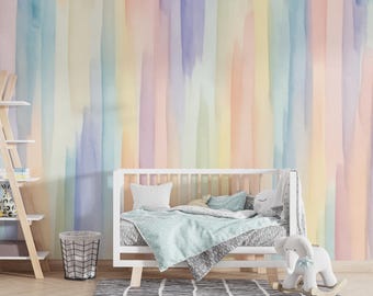 Watercolor Striped Nursery Wallpaper, Peel and Stick Colorful Wall Mural for Kids Playroom or Baby Room, Pastel Rainbow Wallpaper