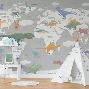 Dino Wallpaper Removable Game Room Grey, Jurassic World Map Wall Mural Adhesive, Dinosaur Wallpaper Nursery, Dino Mural Non-Woven