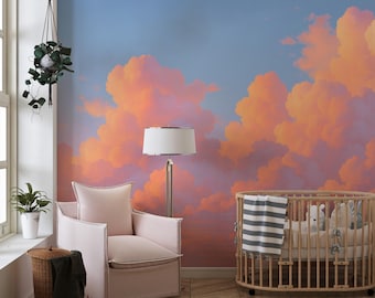 Sunset Cloud Wall Mural Bedroom Wallpaper, Sky Clouds Wallpaper Peel and Stick and Traditional, Sky Mural Pink and Orange Cloudscape