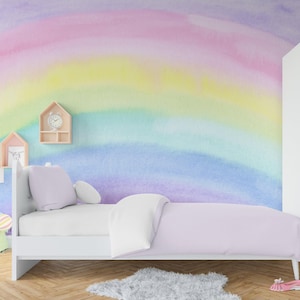 Rainbow Wallpaper Girl Nursery Removable Watercolor Rainbow Wall Mural Adhesive Non-Woven Bedroom Accent wallpaper Peel & Stick
