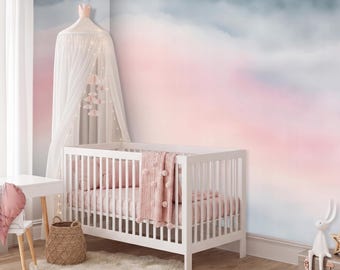 Sky clouds wallpaper for girls room decor, Neutral nursery wallpaper, Pastel clouds pink wallpaper, Peel and Stick or Traditional Wallpaper