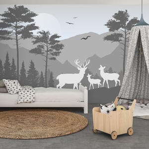 Mountain Wallpaper Toddler Nursery Monochrome Removable Forest Wallpaper Mural Peel & Stick Deer Family Wallpaper Bedroom Adhesive Non-Woven