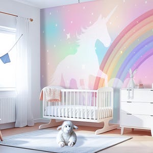 Unicorn Rainbow Wallpaper with Stars Nursery Girl, Unicorn Wall Mural Peel & Stick Eco Friendly Material Wallpaper Baby Girl Room Decor JX81