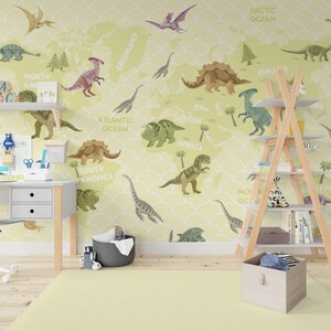 40% OFF Dinosaur Wallpaper Toddler Nursery Yellow Removable, Cute Dinosaur Wall Mural Adhesive, Jurassic World Map Playroom, Adhesive Woven