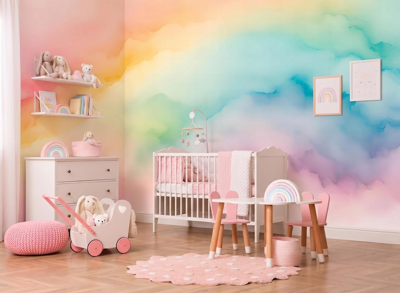 Colorful Wallpaper Peel and Stick Baby Nursery Rainbow Wall paper for Kids Bedroom Removable Color Splash Wallpaper Multicolor Mural Woven image 1