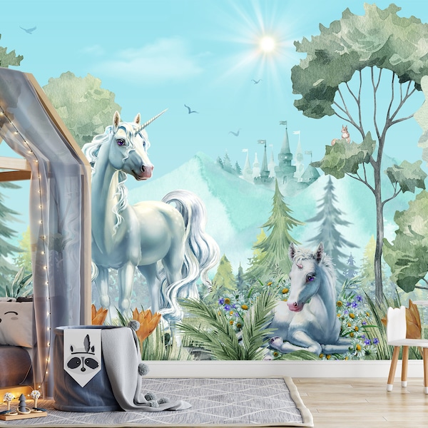 Unicorn Peel and Stick Wallpaper Girl Playroom Wall Mural Watercolor Forest Landscape Wall paper Bedroom Removable  Nursery Wallpaper Woven