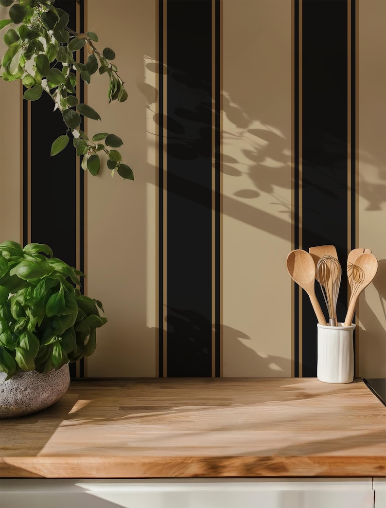 Modern Striped Wallpaper Black and Beige, Elegant Dark Wallpaper for