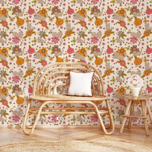 Funky Cat Wallpaper for Boho Girls Room Decor, Cat Wall Mural Removable Floral retro wallpaper for Cat lover