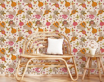 Funky Cat Wallpaper for Boho Girls Room Decor, Cat Wall Mural Removable Floral retro wallpaper for Cat lover