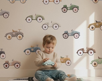 Nursery Car Wall Decals Vintage Style, Boys Nursery Wall Decor, Cars Wall Stickers Baby Boy Room Decor Racing Cars Wall Decals Peel & Stick