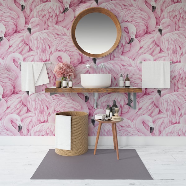 Flamingo Wallpaper Peel and Stick Bathroom. Bird Wallpaper Mural Pink Adhesive Tropical Wall paper Bedroom Removable Pink Pattern Wall Decor
