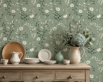 Sage Green Floral Wallpaper, Delicate White Flower Wallpaper Rustic, Botanical Peel and Stick Wallpaper, Modern Farmhouse Bathroom Decor
