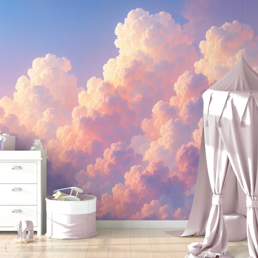 Pink Cloud Wall Mural Wallpaper Nursery Decor, Soft Sky Wallpaper for ...