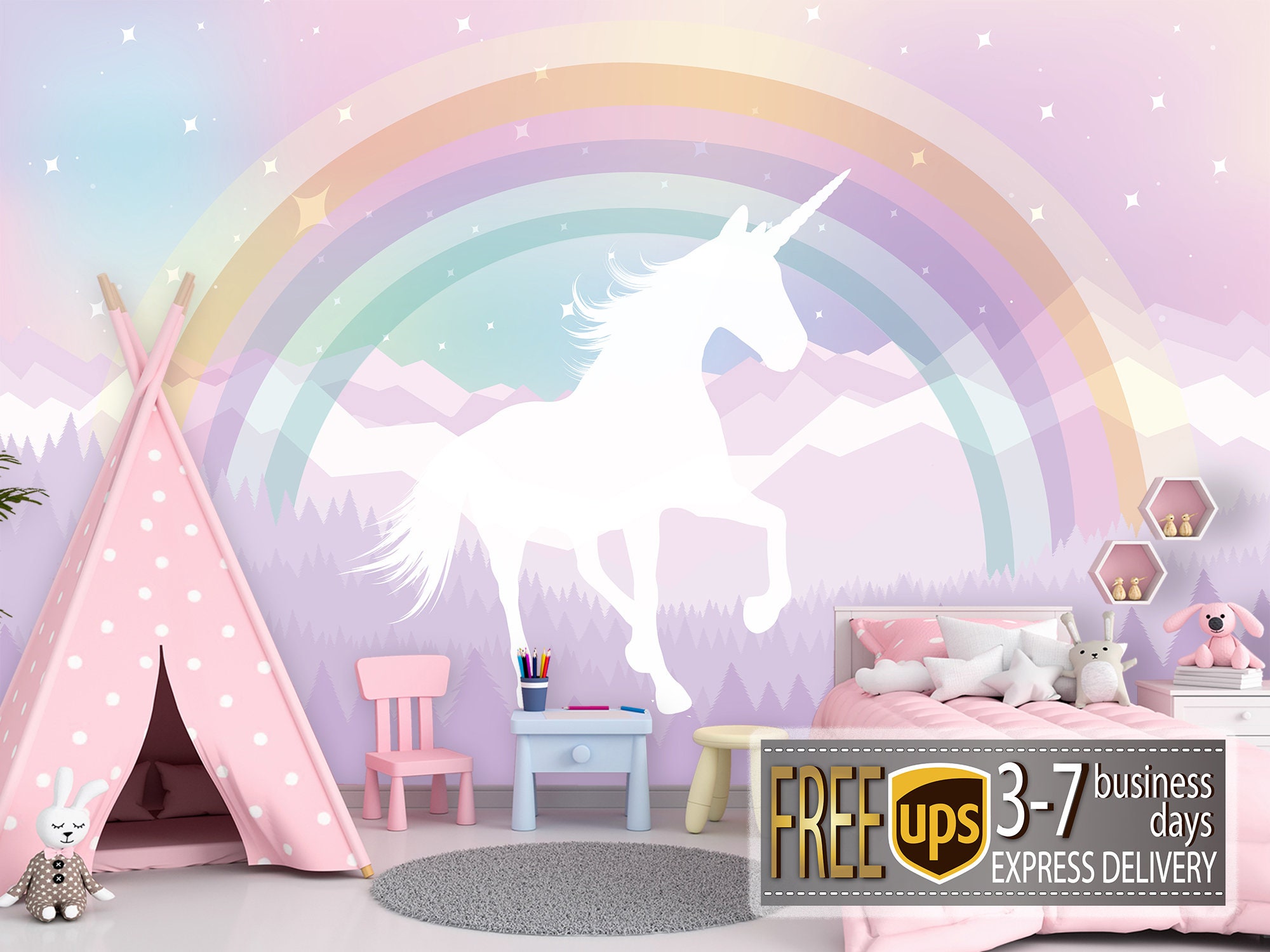 Unicorn Rainbow Wallpaper Ombre Mountains With Rainbow Wall Etsy Singapore