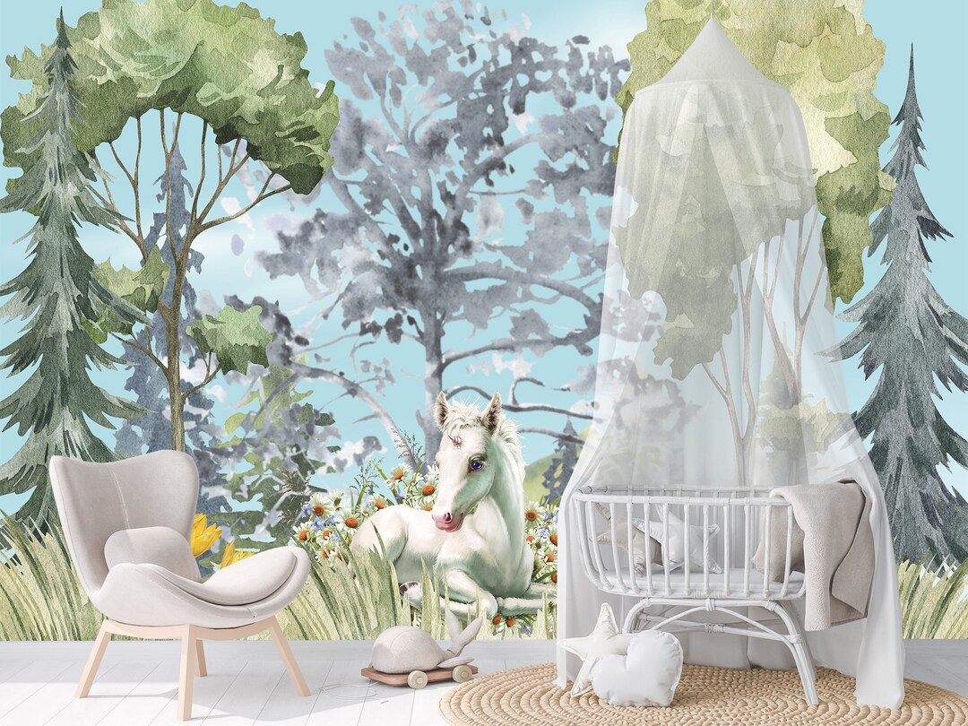 Forest Wallpaper for Baby Nursery Removable, Soft Pastel Unicorn