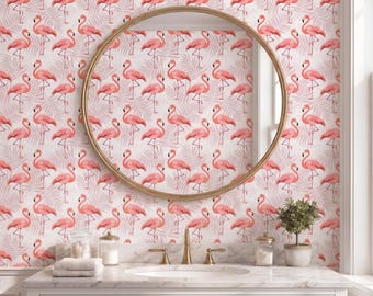 Pink Flamingo Wallpaper, Removable Peel and Stick Tropical Wall Mural for Bathroom, Nursery or Accent Wall, Coastal Wallpaper