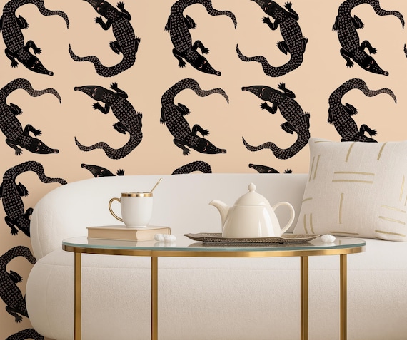 Whimsical Crocodile Wallpaper for Bathroom Wall Mural, Dark Maximalist Peel and Stick Wallpaper, Funky Unique Wallpaper Removable
