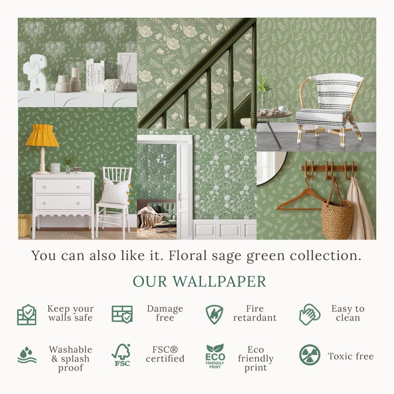 a green wallpaper ad with a white chair and table