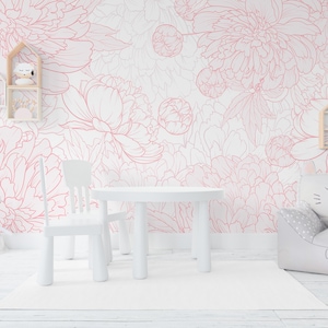 Pink Peonies Wallpaper for Toddler Girl Nursery Removable, Peony Flower Wall Mural Adhesive, Floral Wallpaper Peel & Stick Non-Woven
