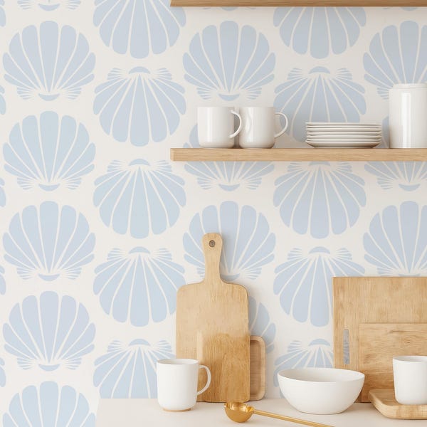 Blue Coastal Wallpaper Peel and Stick Nautical Wall Decor, Scallop Shell Wallpaper Light Blue, Nautical Wallpaper Bathroom Decor Ocean Decor