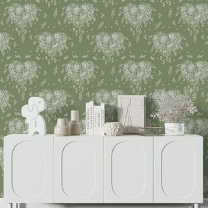 Sage green botanical wallpaper, Vintage floral Mural Wallpaper, Rustic neutral for Kitchen, Bedroom, Peel and Stick or Traditional Wallpaper