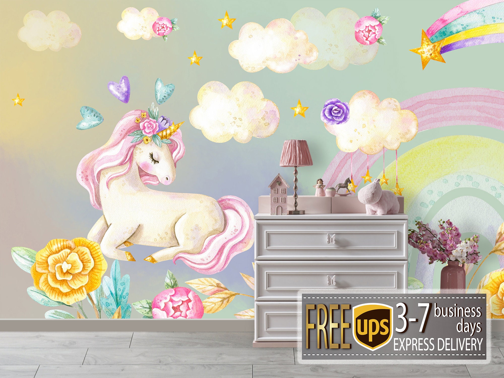 Unicorn Themed Wall Mural Peel & Stick Rainbow Wallpaper with | Etsy