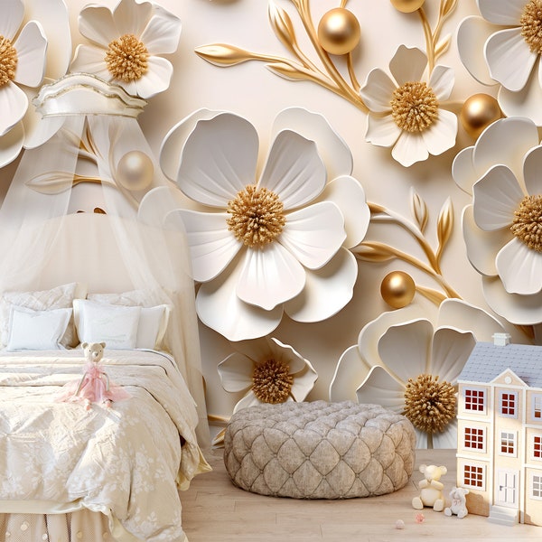 3D Wallpaper Floral Peel and Stick Wallpaper Gold (NON-METALIC) Girl Playroom Removable, Foto Wallpaper Mural Bedroom, Fabric Wallpaper Roll