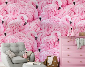 Pink Flamingo Wallpaper, Tropical Peel and Stick Wall Mural, Coastal Flamingo Decor for Girl's Room or Bathroom