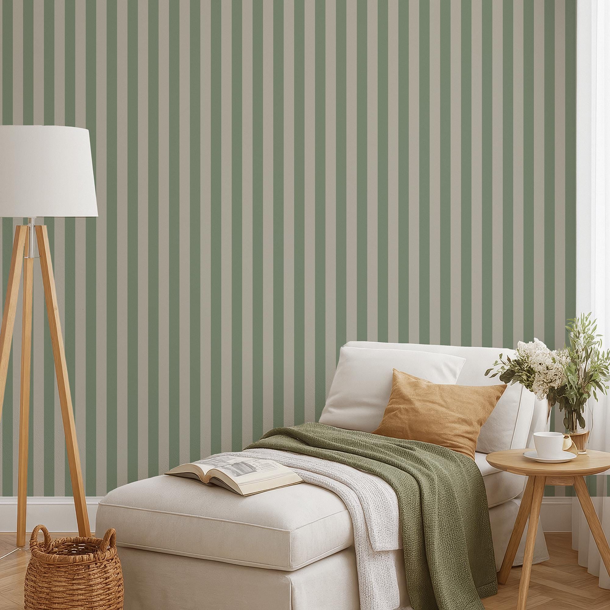 Sage Green Striped Wallpaper, Beige and Green Classical Wallpaper for