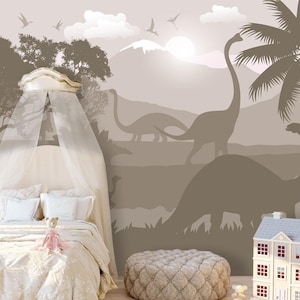 Dinosaur Wallpaper for Girl Nursery Brown, Peel and Stick Wallpaper Mural Removable, T-rex Wall Decor Dinosaur Bedroom Decorations Adhesive