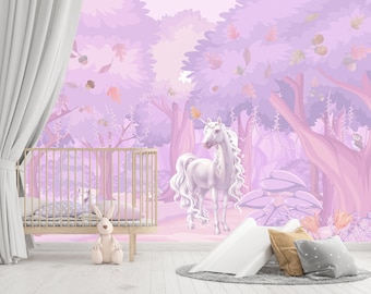 Unicorn Wallpaper Peel and Stick Baby Nursery Pink Removable Forest Landscape Wallpaper Mural Watercolor Tree Accent Wall Playroom Adhesive