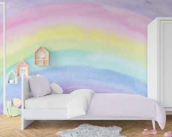 Rainbow Wallpaper Girl Nursery Removable Watercolor Rainbow Wall Mural Adhesive Non-Woven Bedroom Accent wallpaper Peel & Stick