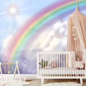 Rainbow  Wallpaper Girl Nursery Removable Watercolor Unicorn Themed Playroom Wallpaper Mural Kids Peel & Stick, Clouds Decor Adhesive, Woven