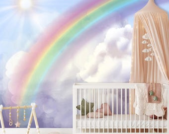 Rainbow  Wallpaper Girl Nursery Removable Watercolor Unicorn Themed Playroom Wallpaper Mural Kids Peel & Stick, Clouds Decor Adhesive, Woven