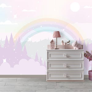 Soft Pastel Rainbow Wallpaper Nursery, Ombre Mountains Wall Mural Peel & Stick, Eco Friendly Material Wallpaper Baby Girl Room Decor JX158